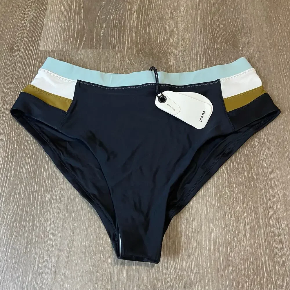 Prana Baja Bound High Rise Swim Bottom Womens L Black Colorblock Quick Dry Brief